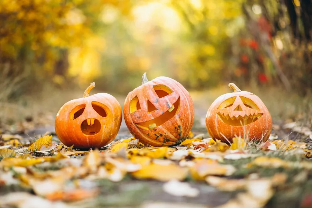 Ba quả bí ngô khắc mặt đặt giữa lá thu vàng ngoài trời, dịp Halloween