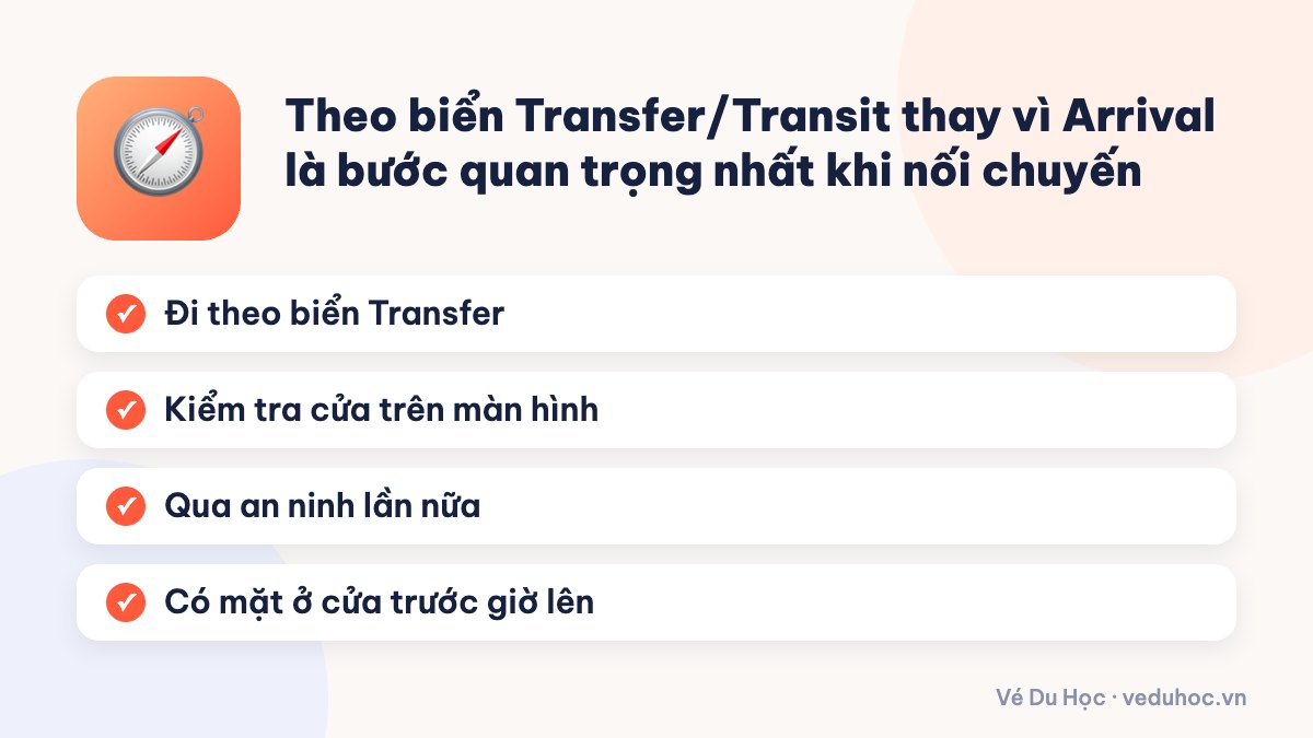 Theo biển Transfer/Transit thay vì Arrival là bước quan trọng nhất khi nối chuyến
