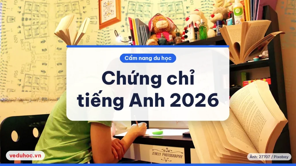 Bạn trẻ ngồi học bên bàn dán đầy công thức, minh hoạ ôn chứng chỉ tiếng Anh du học