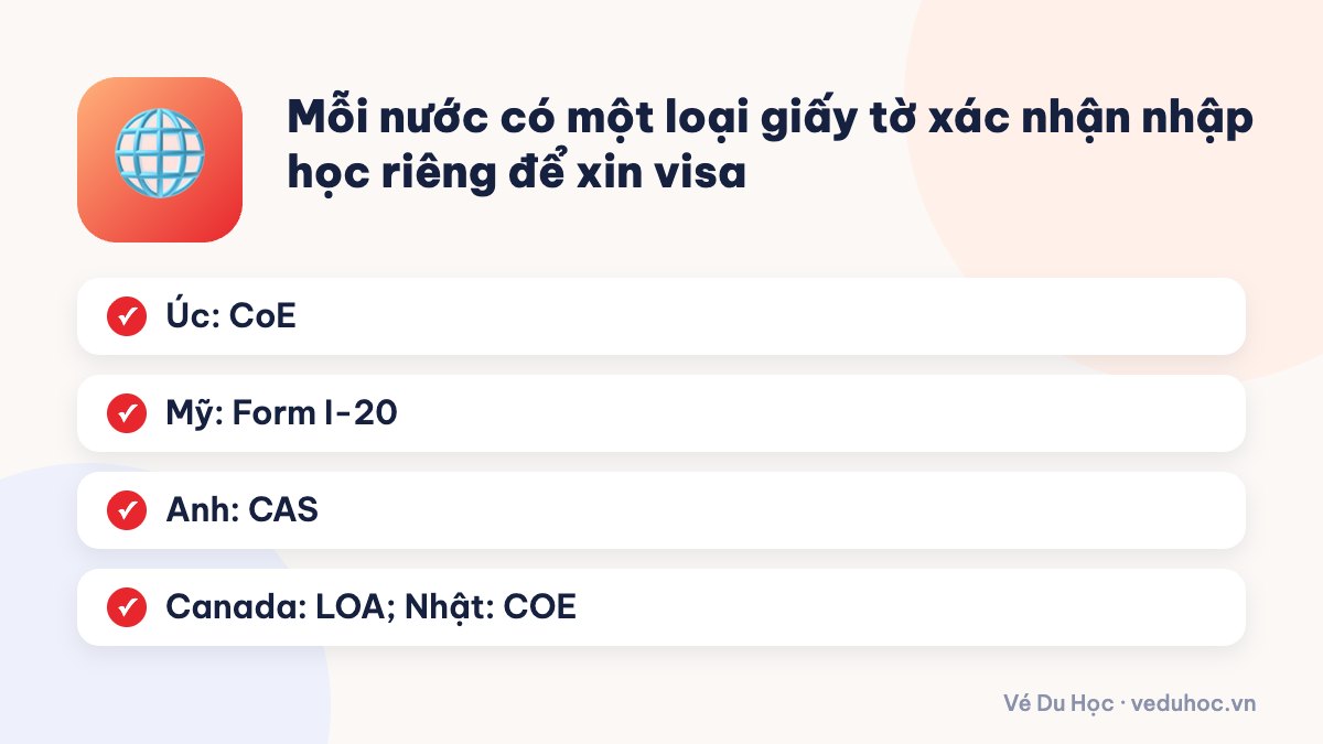 Mỗi nước có một loại giấy tờ xác nhận nhập học riêng để xin visa