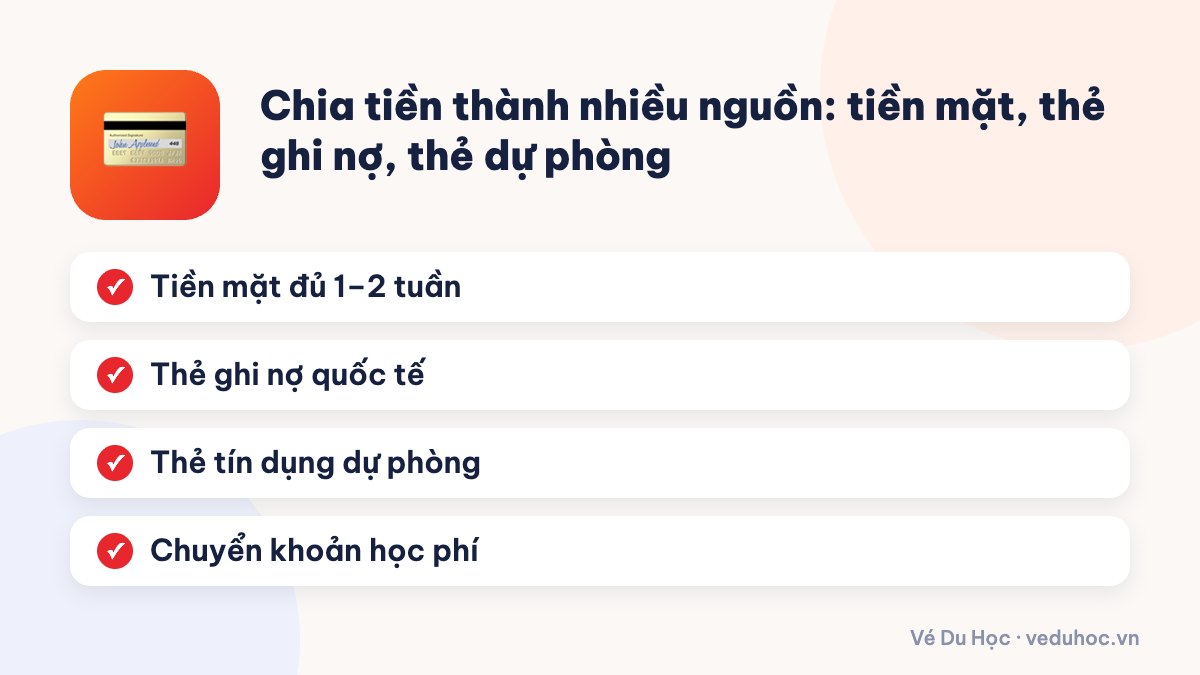 Chia tiền thành nhiều nguồn: tiền mặt, thẻ ghi nợ, thẻ dự phòng