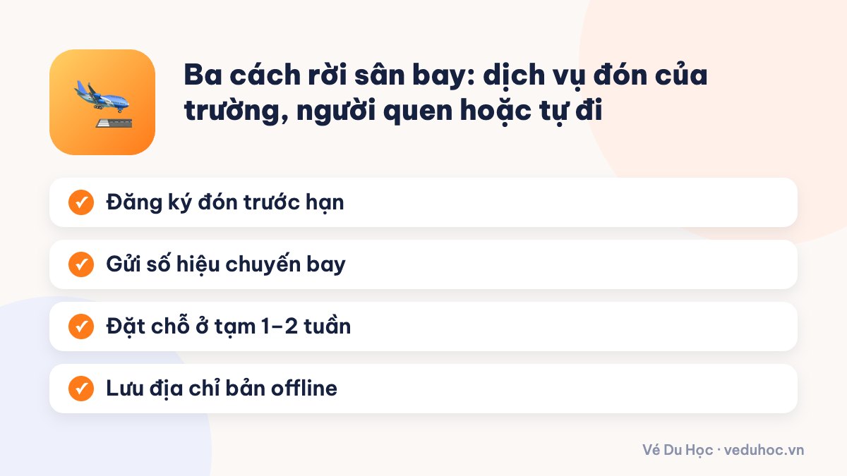 Ba cách rời sân bay: dịch vụ đón của trường, người quen hoặc tự đi