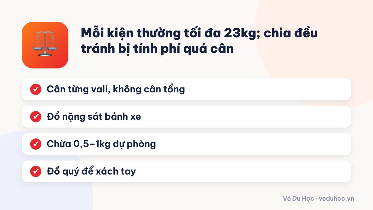 Mỗi kiện thường tối đa 23kg; chia đều tránh bị tính phí quá cân