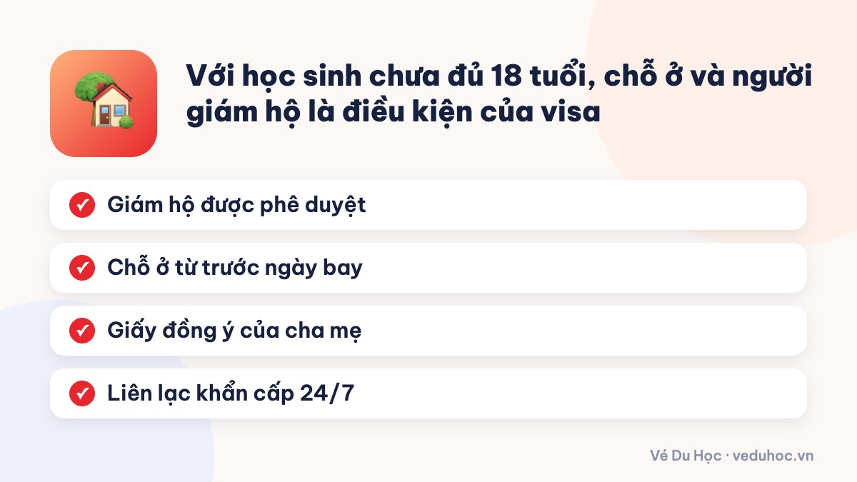 Với học sinh chưa đủ 18 tuổi, chỗ ở và người giám hộ là điều kiện của visa