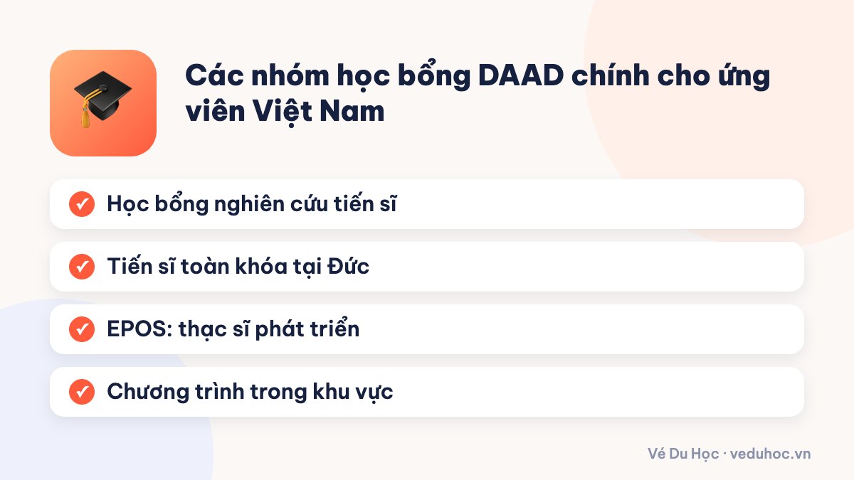 Các nhóm học bổng DAAD chính cho ứng viên Việt Nam