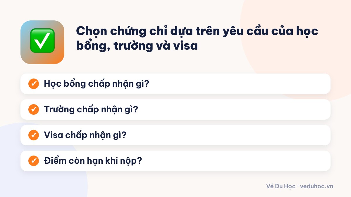 Chọn chứng chỉ dựa trên yêu cầu của học bổng, trường và visa