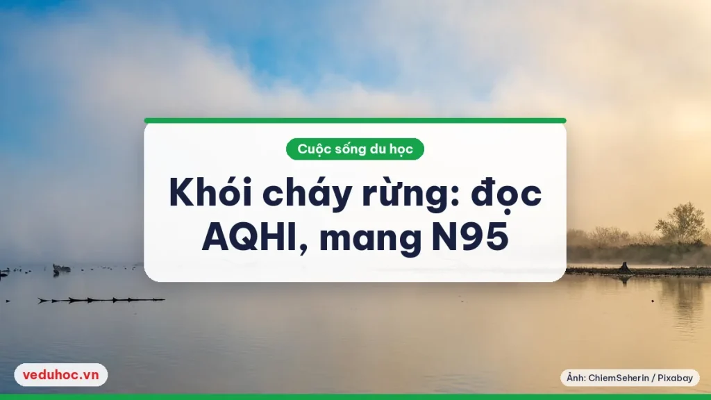 Sương khói vàng nhạt phủ mặt hồ lúc bình minh, gợi bầu trời mờ do khói cháy rừng