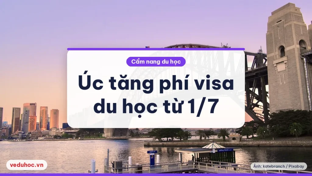 Cầu Sydney Harbour Bridge bên vịnh lúc hoàng hôn, tông hồng tím, gợi chuyện visa du học Úc
