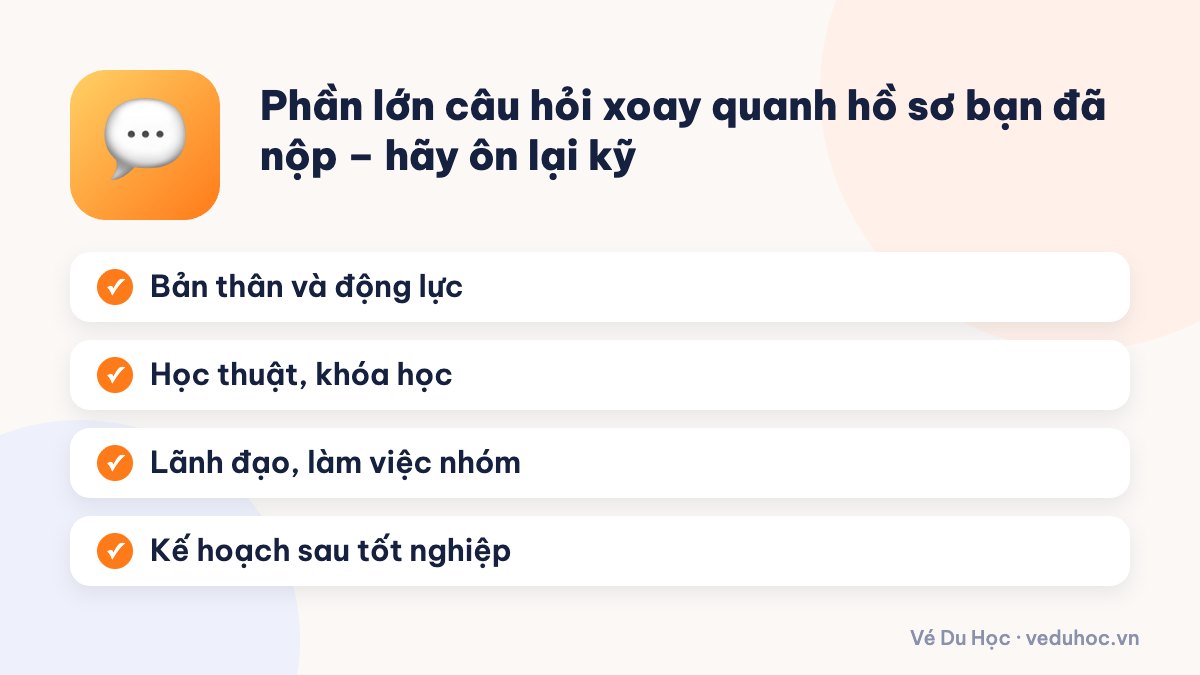 Phần lớn câu hỏi xoay quanh hồ sơ bạn đã nộp – hãy ôn lại kỹ