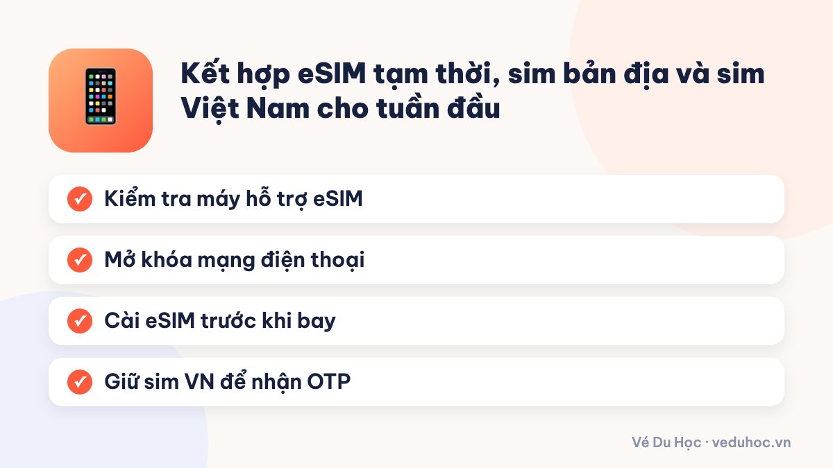 Kết hợp eSIM tạm thời, sim bản địa và sim Việt Nam cho tuần đầu