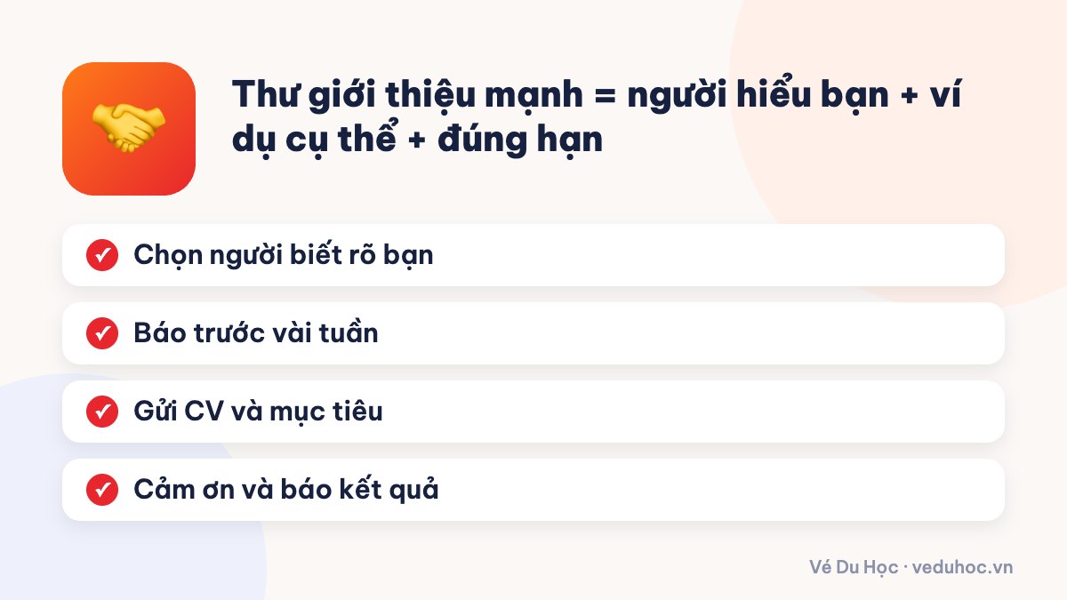 Thư giới thiệu mạnh = người hiểu bạn + ví dụ cụ thể + đúng hạn