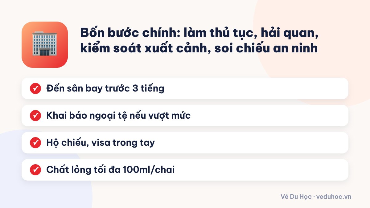 Bốn bước chính: làm thủ tục, hải quan, kiểm soát xuất cảnh, soi chiếu an ninh
