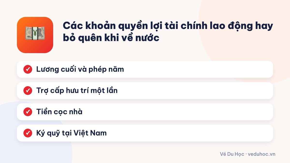 Các khoản quyền lợi tài chính lao động hay bỏ quên khi về nước