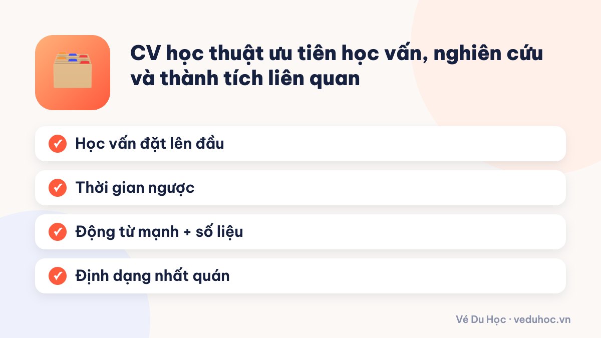 CV học thuật ưu tiên học vấn, nghiên cứu và thành tích liên quan