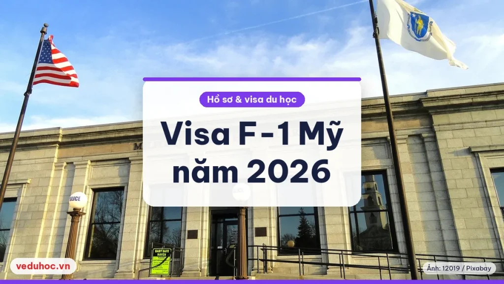 Toà nhà có cờ Mỹ, minh hoạ visa F-1 Mỹ